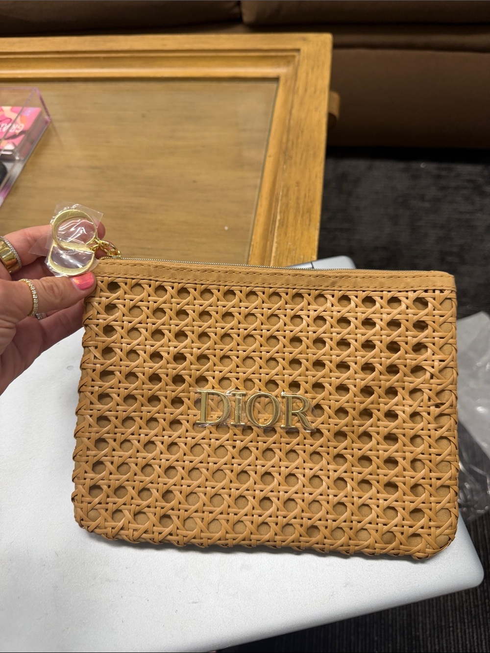 Dior Tan Woven Leather Zip Pouch with Gold Logo